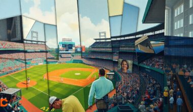 A cubist, geometric painting depicting a baseball game or match, with the players and field broken down into sharp, overlapping planes of color and shape, conveying the dynamic energy of the sport.