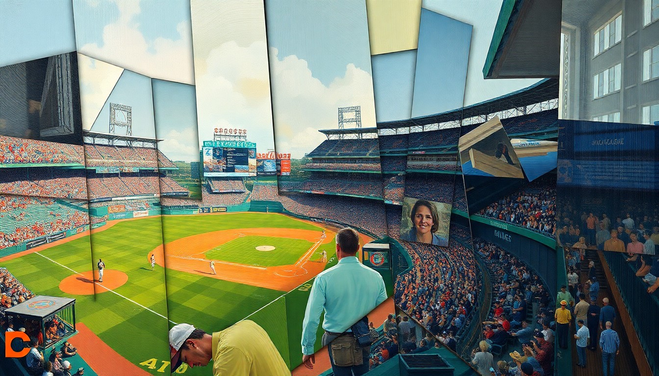 A cubist, geometric painting depicting a baseball game or match, with the players and field broken down into sharp, overlapping planes of color and shape, conveying the dynamic energy of the sport.