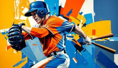 A fractured, cubist-style painting depicting the dynamic motion of a baseball player in vibrant colors, representing the high-stakes trade between the Mets and White Sox for Luis Robert Jr.