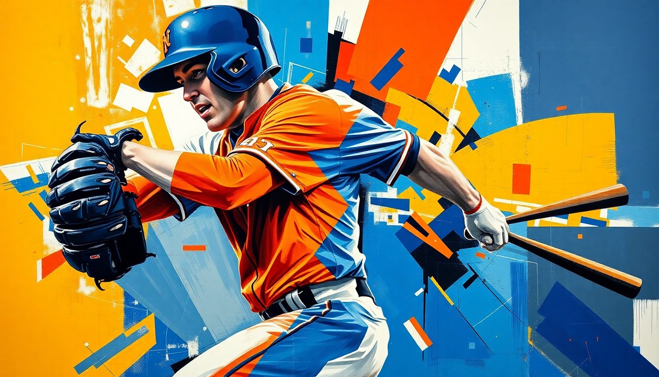 A fractured, cubist-style painting depicting the dynamic motion of a baseball player in vibrant colors, representing the high-stakes trade between the Mets and White Sox for Luis Robert Jr.