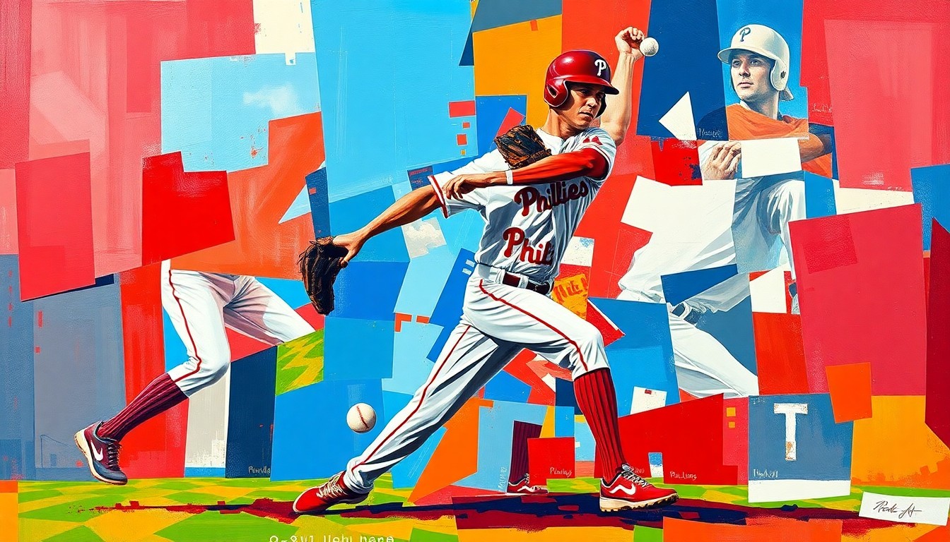 A cubist-style painting depicting a baseball outfielder