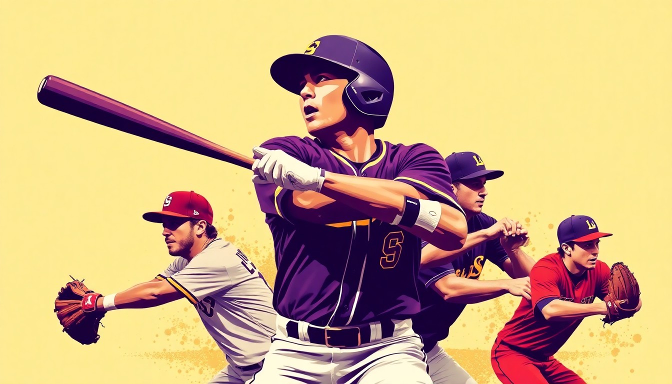 A fractured, multi-perspective painting in the style of Pablo Picasso, breaking down the baseball actions and skills of LSU