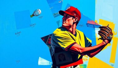 A fractured, multi-perspective painting depicting the dynamic motion of a baseball pitcher, with sharp geometric planes in vibrant colors representing the raw energy and skill of the game.