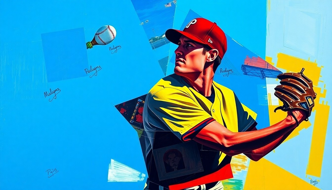 A fractured, multi-perspective painting depicting the dynamic motion of a baseball pitcher, with sharp geometric planes in vibrant colors representing the raw energy and skill of the game.