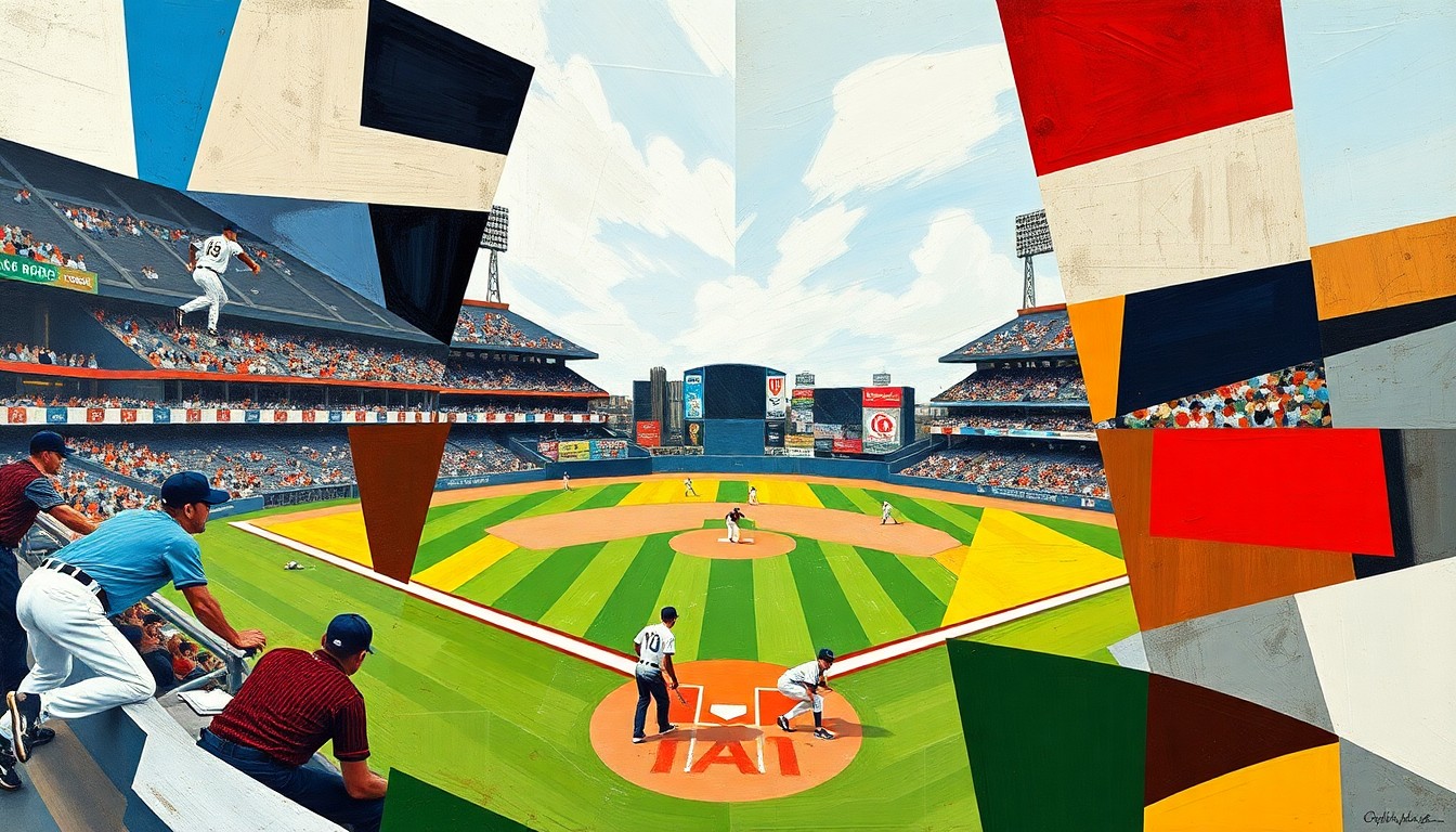 A cubist, geometric painting depicting a baseball game or match, with the players and field abstracted into sharp, overlapping planes of color and angular shapes, capturing the raw energy and movement of the sport.