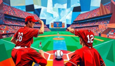 A fragmented, multi-angled painting depicting a baseball game in progress, with the players, ball, and field broken down into sharp, overlapping geometric shapes and planes in a vibrant color palette.