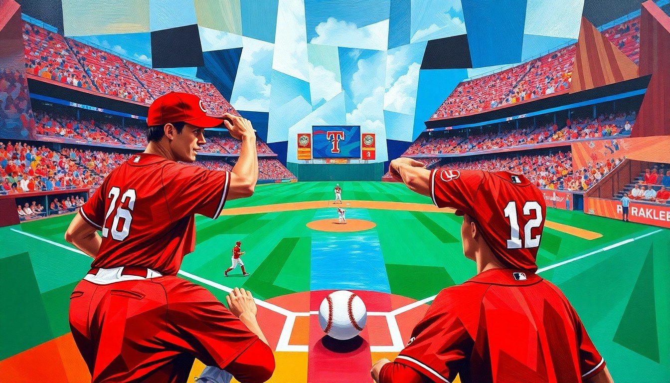 A fragmented, multi-angled painting depicting a baseball game in progress, with the players, ball, and field broken down into sharp, overlapping geometric shapes and planes in a vibrant color palette.