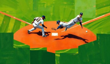 A cubist, geometric painting depicting the motion and energy of a baseball double play, with fragmented shapes and overlapping planes of green, brown, navy, white, and orange representing the field, players, and uniforms.