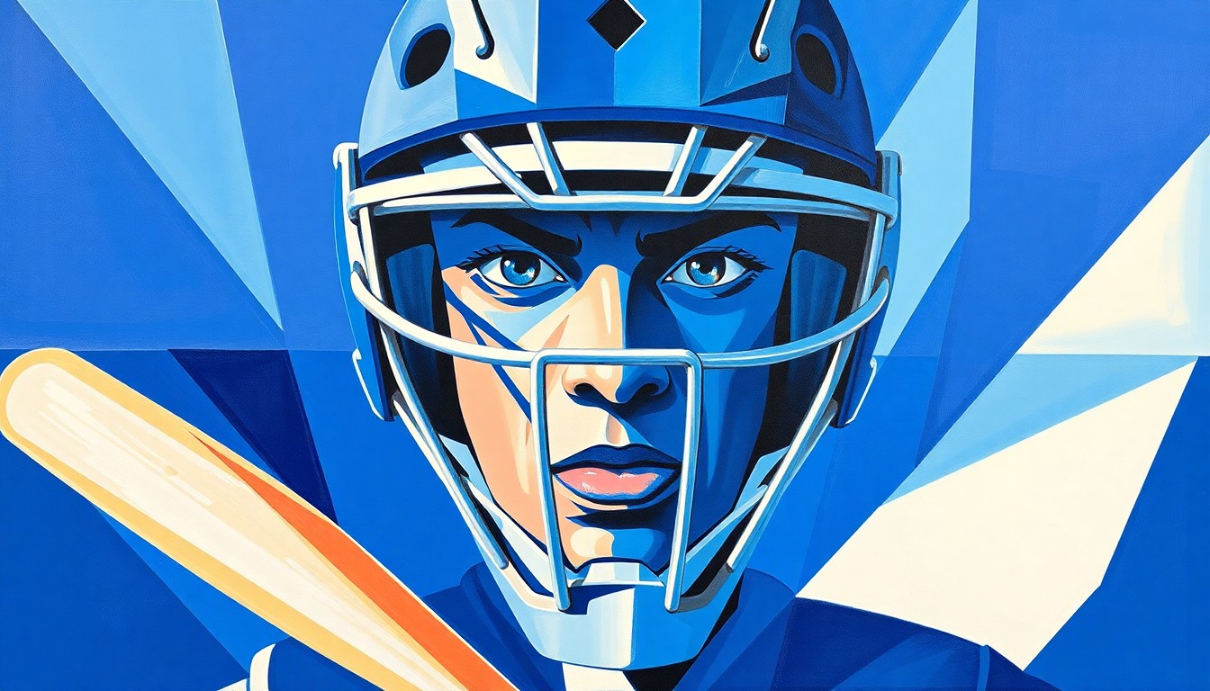 A fractured, cubist-style painting depicting a baseball catcher