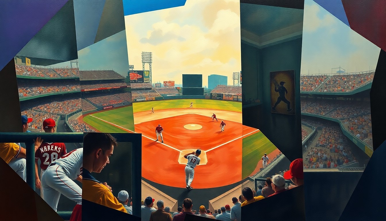A fragmented, geometric painting in shades of blue, green, and red, depicting the dynamic movements and intensity of a baseball game through abstract shapes and planes.