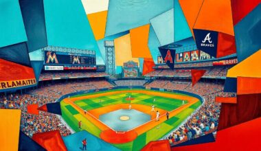 A cubist, geometric painting depicting a baseball game in motion, with overlapping shapes and planes of teal, orange, navy, and red, capturing the energy and intensity of the matchup between the two teams.