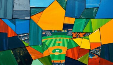 A fractured, geometric painting depicting a baseball game or match, with sharp, overlapping planes of color representing the dynamic action on the field.