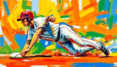 An abstract, expressionist painting in vibrant neon colors, featuring fragmented, blurred shapes and forms representing a baseball player sliding into a base, capturing the raw energy and movement of the sport.