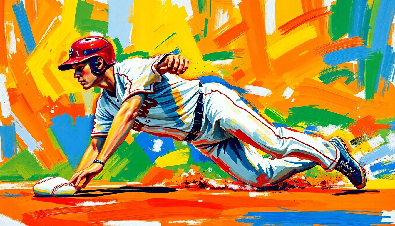 An abstract, expressionist painting in vibrant neon colors, featuring fragmented, blurred shapes and forms representing a baseball player sliding into a base, capturing the raw energy and movement of the sport.