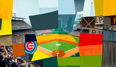 A cubist, geometric painting depicting a baseball game in progress, with the players and field broken down into overlapping angular shapes and planes in a variety of bright colors.