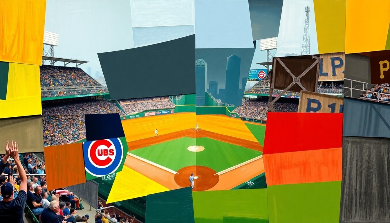 A cubist, geometric painting depicting a baseball game in progress, with the players and field broken down into overlapping angular shapes and planes in a variety of bright colors.