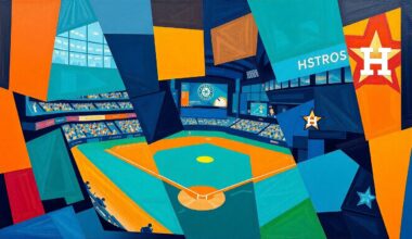 A cubist, geometric painting depicting a baseball game between the Seattle Mariners and Houston Astros, with sharp, overlapping planes of teal, navy blue, orange, and other vibrant colors.