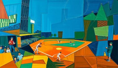 A fractured, geometric painting depicting a baseball player in motion, with sharp planes of color and overlapping perspectives conveying the energy and passion of the sport.