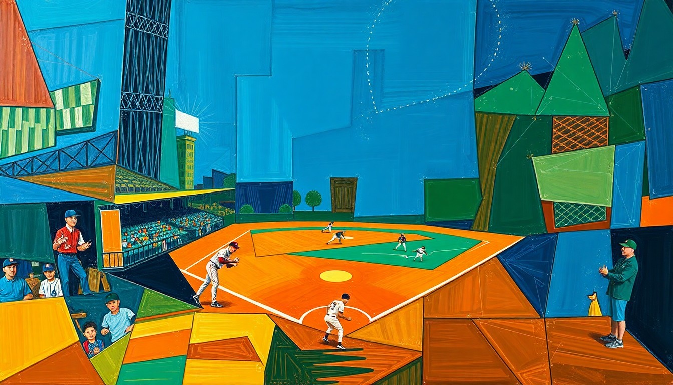 A fractured, geometric painting depicting a baseball player in motion, with sharp planes of color and overlapping perspectives conveying the energy and passion of the sport.