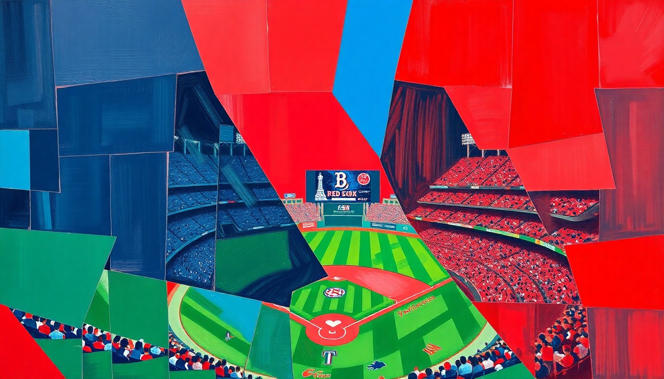 A cubist, geometric painting depicting a baseball game at Fenway Park, with the field and players broken down into overlapping planes of bright red, navy blue, and emerald green.