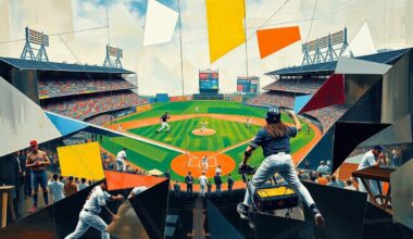 A cubist, geometric painting depicting the motion and energy of a baseball pitcher, with overlapping planes of color and form capturing the dynamic action of the sport.