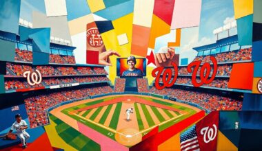 A cubist, geometric painting depicting a baseball game between the Houston Astros and Washington Nationals, with overlapping shapes and planes in the teams