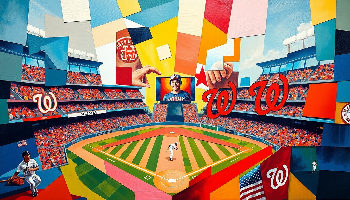 A cubist, geometric painting depicting a baseball game between the Houston Astros and Washington Nationals, with overlapping shapes and planes in the teams