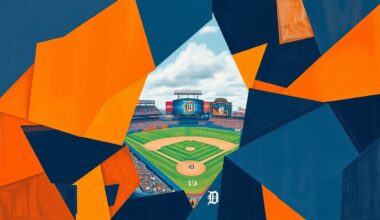 A cubist-style painting depicting a Tigers baseball game broken down into sharp, overlapping geometric shapes and planes in the team