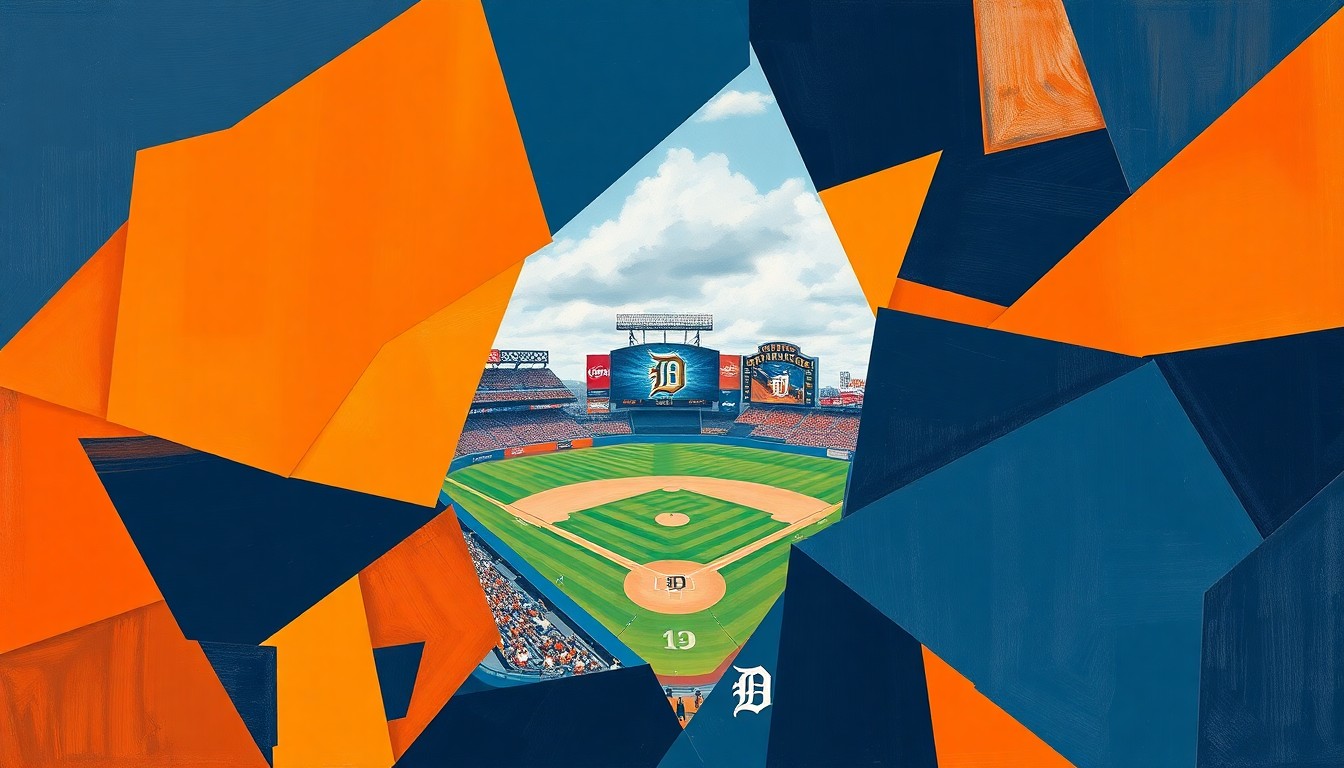 A cubist-style painting depicting a Tigers baseball game broken down into sharp, overlapping geometric shapes and planes in the team