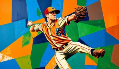A fragmented, geometric painting depicting the motion of a baseball pitcher