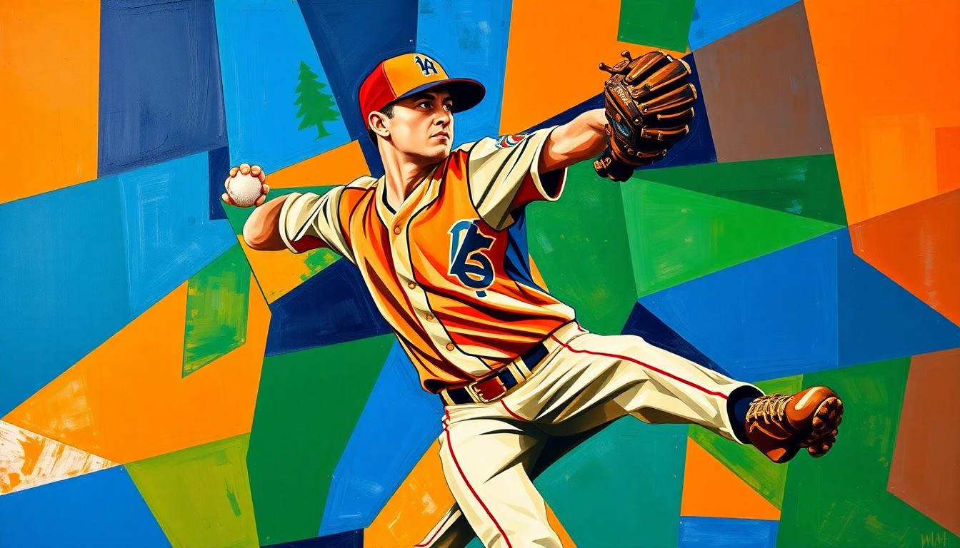 A fragmented, geometric painting depicting the motion of a baseball pitcher