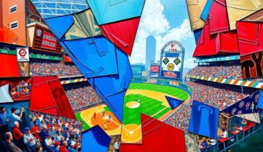 A fragmented, geometric painting depicting a baseball game between the Chicago Cubs and Philadelphia Phillies, with the players and field broken down into sharp, overlapping planes of color.