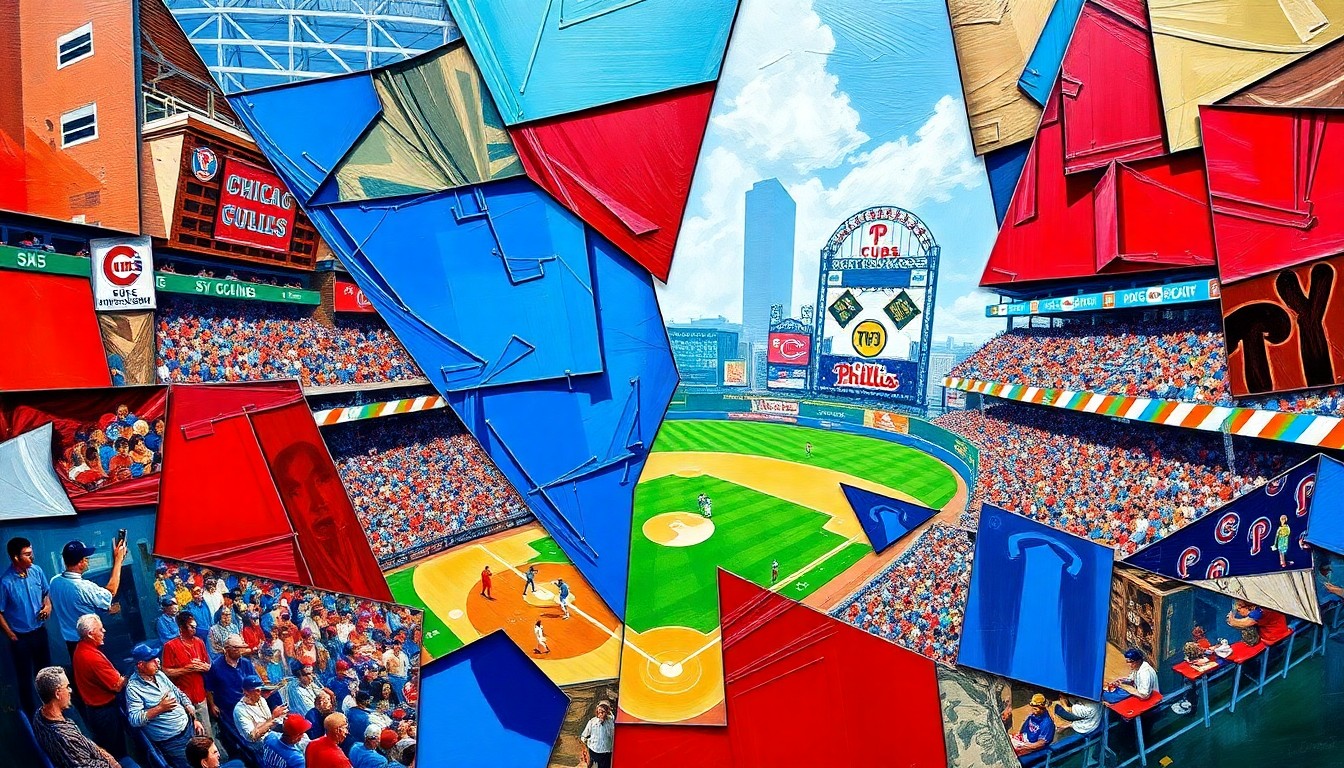A fragmented, geometric painting depicting a baseball game between the Chicago Cubs and Philadelphia Phillies, with the players and field broken down into sharp, overlapping planes of color.