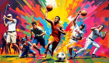 An abstract, expressionist painting featuring vibrant brushstrokes of neon colors depicting various sports scenes, including a golfer, basketball players, a UFC fighter, a soccer player, and baseball players, all blending together in a dynamic, energetic composition.