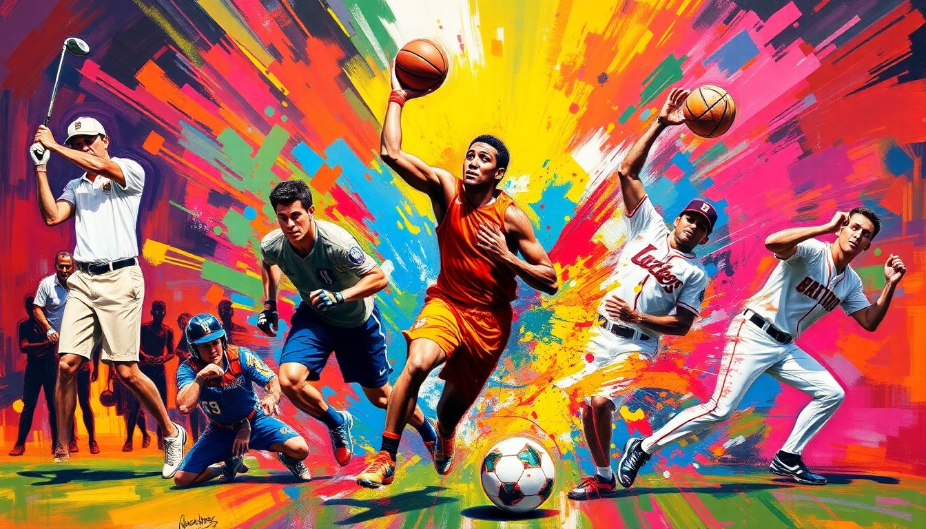 An abstract, expressionist painting featuring vibrant brushstrokes of neon colors depicting various sports scenes, including a golfer, basketball players, a UFC fighter, a soccer player, and baseball players, all blending together in a dynamic, energetic composition.