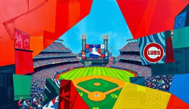 A fragmented, geometric painting depicting a baseball game in progress, with sharp, overlapping planes of color representing the dynamic between the Phillies