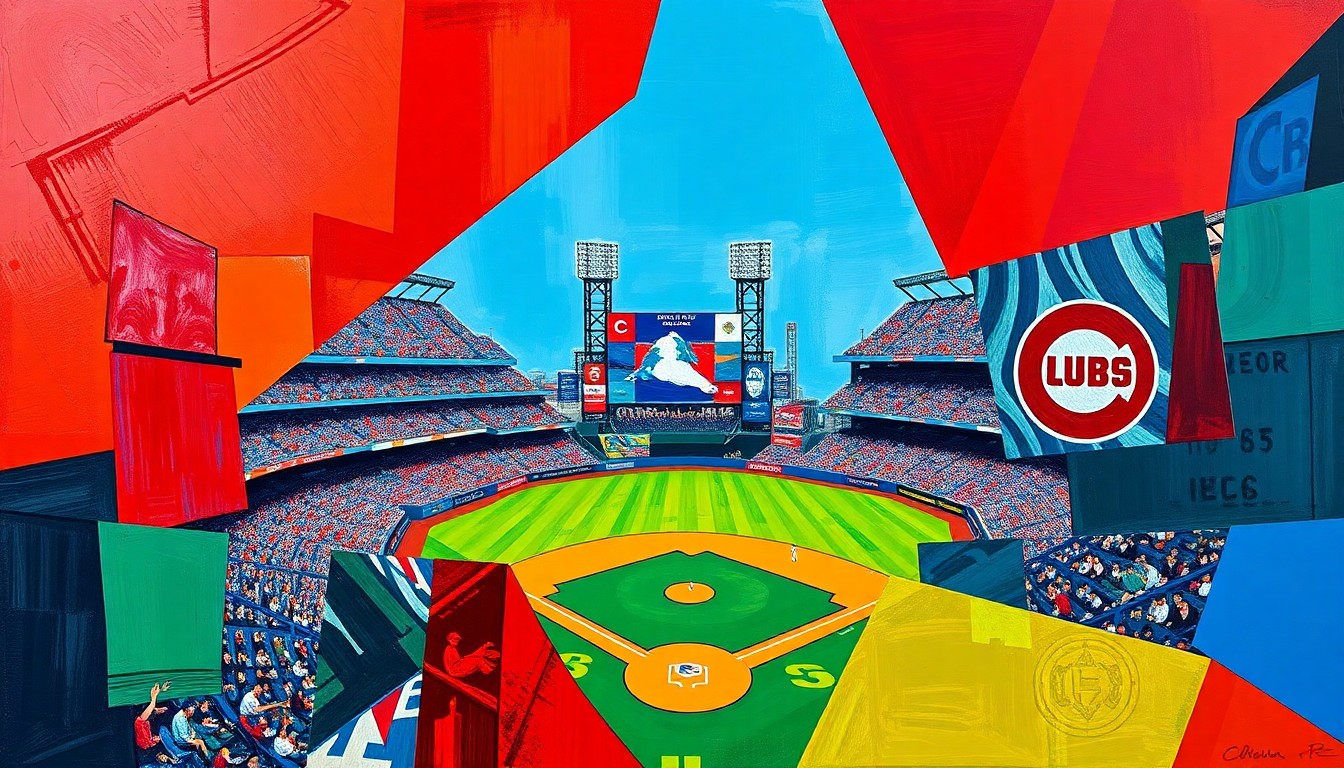A fragmented, geometric painting depicting a baseball game in progress, with sharp, overlapping planes of color representing the dynamic between the Phillies