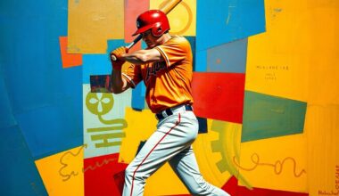 A cubist, geometric painting depicting a baseball player
