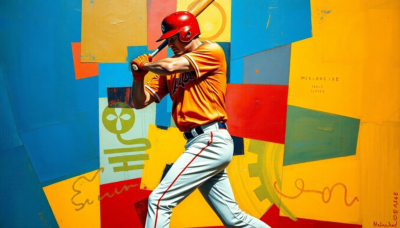 A cubist, geometric painting depicting a baseball player