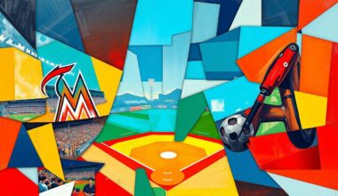 A fractured, multi-perspective painting in vibrant colors, breaking down a baseball game between the Marlins and Braves into sharp, overlapping geometric shapes and planes, conceptually representing the high-stakes nature of their early-season matchup.