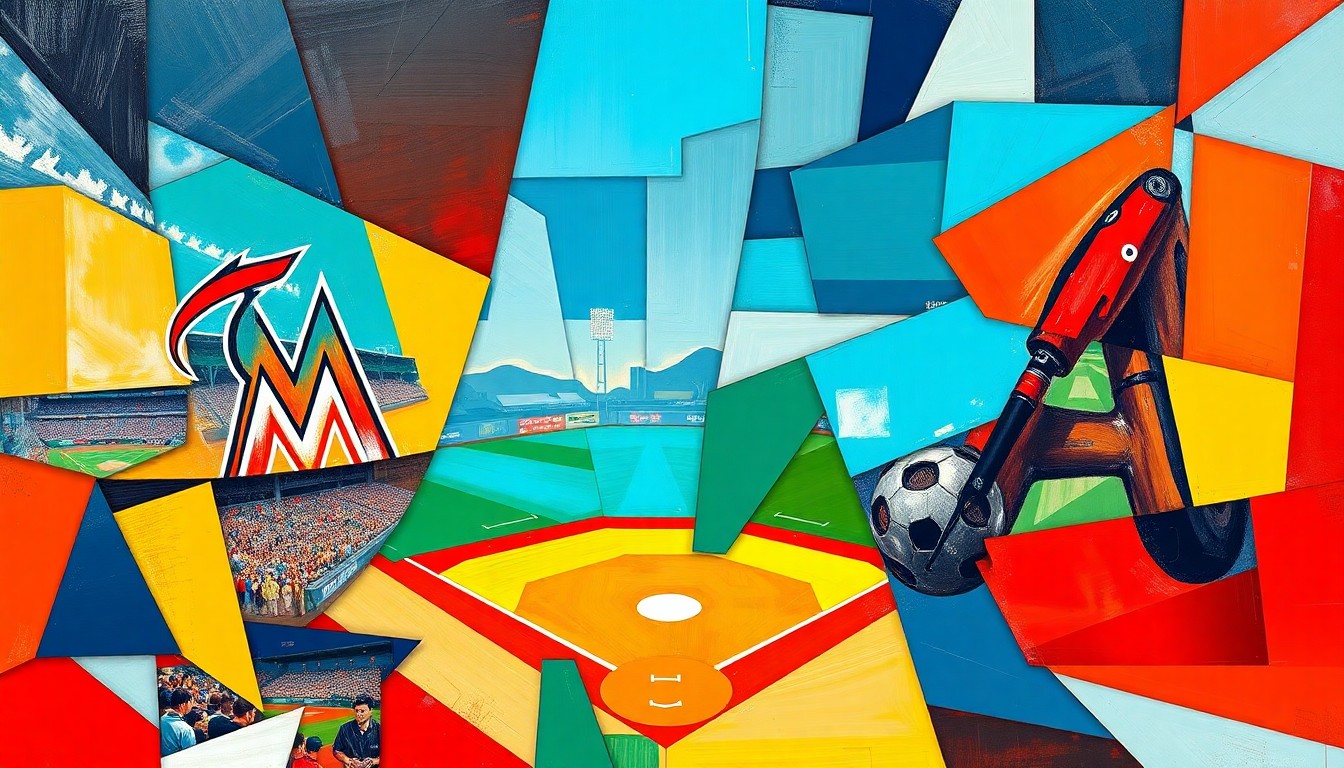 A fractured, multi-perspective painting in vibrant colors, breaking down a baseball game between the Marlins and Braves into sharp, overlapping geometric shapes and planes, conceptually representing the high-stakes nature of their early-season matchup.