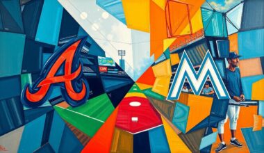 A cubist, geometric painting depicting a baseball game between the Atlanta Braves and Miami Marlins, with the players and field broken down into overlapping planes of vibrant colors.