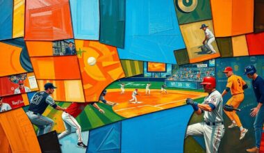 A cubist, geometric painting depicting fragmented baseball players and field elements in a dynamic, overlapping composition using bold, contrasting colors.