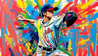 An extreme close-up of a baseball pitcher mid-delivery, with his face and uniform details obscured by vibrant, neon-colored brushstrokes that convey the explosive energy and movement of the sport.