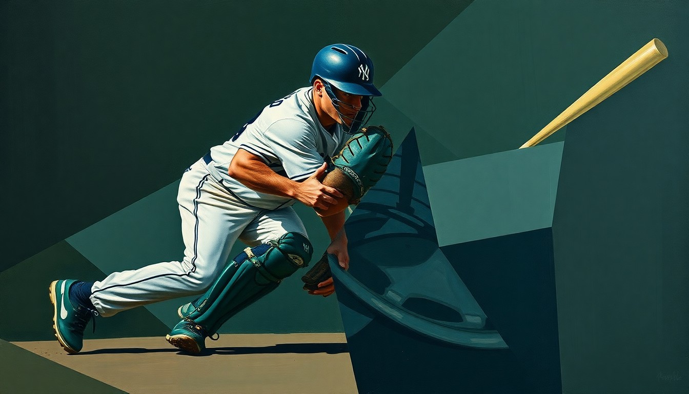 A fragmented, geometric painting depicting the various movements and perspectives of a baseball catcher