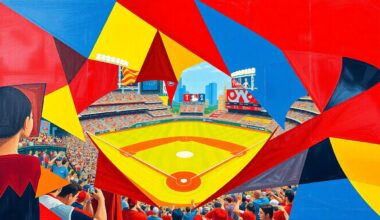 A cubist-style painting featuring fragmented, overlapping geometric shapes in bright primary colors, conceptually representing the chaos and unpredictability of the Nationals