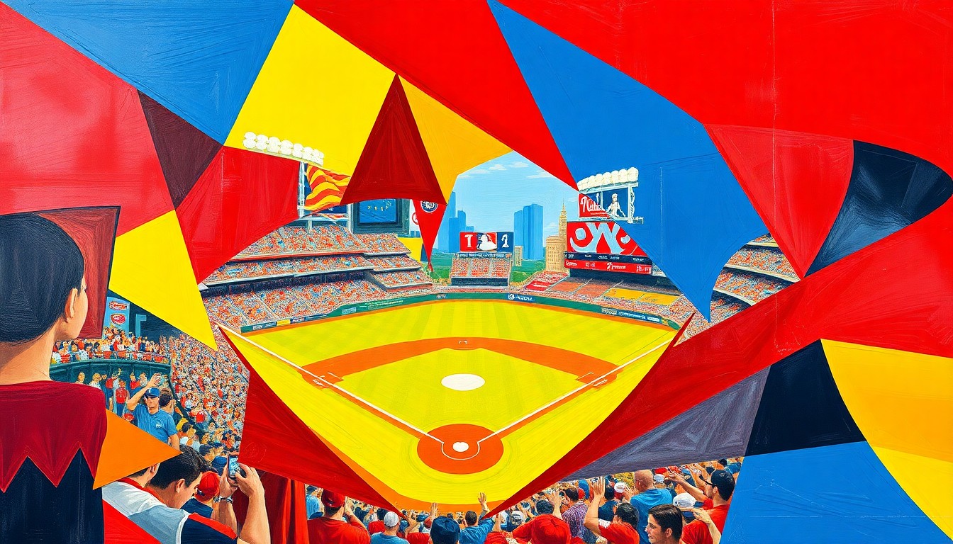 A cubist-style painting featuring fragmented, overlapping geometric shapes in bright primary colors, conceptually representing the chaos and unpredictability of the Nationals