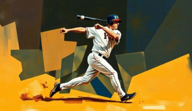 A cubist, geometric painting depicting a baseball player in motion, their form broken down into overlapping planes of color and shape to capture the dynamic energy of the sport.