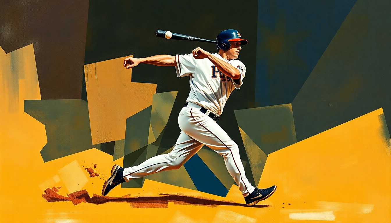A cubist, geometric painting depicting a baseball player in motion, their form broken down into overlapping planes of color and shape to capture the dynamic energy of the sport.
