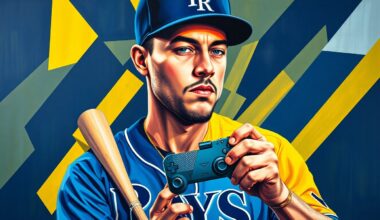A cubist, geometric painting depicting a Rays baseball player and a video game controller in overlapping, fragmented planes of navy blue, powder blue, and yellow, conceptually representing the fusion of sports and esports.